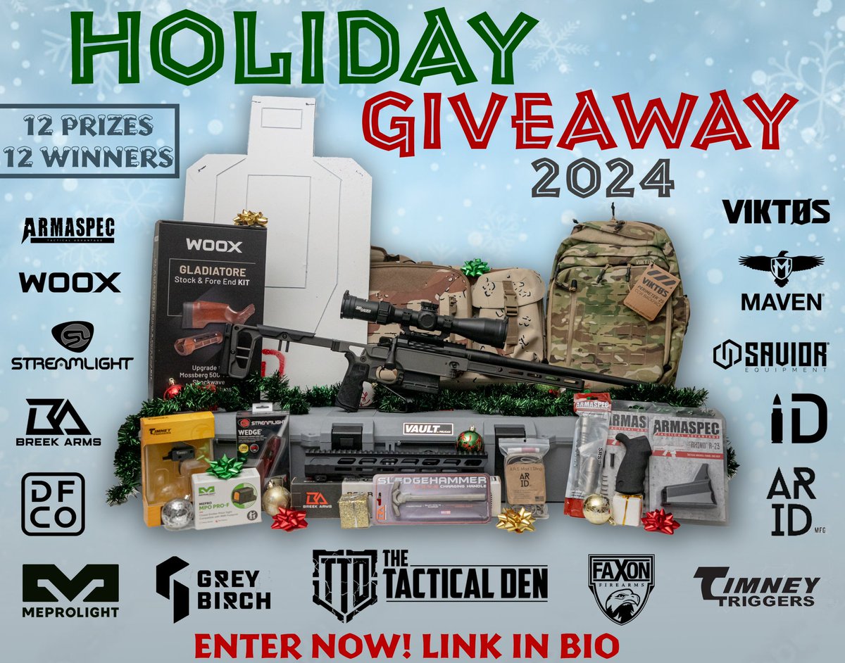 thetacticalden's tweet photo. Have You Enter Our Holiday Giveaway Yet?

12 Winners! All You Have To Do Is👇

•Tag 3 Freinds
•Repost this Post
•Click The Link To Enter! ⬇️

https://t.co/uQiz6kOqh8

GRAND PRIZE RIFLE SPECS:
@Faxon_Firearms 18” Barreled Action .308
@GREYBIRCHMFG 10” LA Chassis 700 w/ Folding Stock
@TimneyTriggers Rem 700 2 Stage Trigger
@diefreeco Kung Fu Grip w/ Plug
@sigsauerinc Tango MSR 3-18x50mm
@Amend2Mags 5rd Magazine