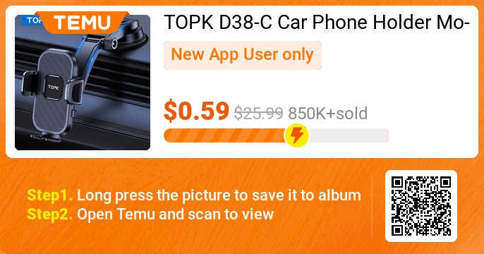 Bigghoppy's tweet photo. Uncover incredible deals and embrace a seamless shopping spree on Temu! 😊
👉 item link: https://t.co/RgBAT2ruhm
🎉 Exclusive deal[$0.59] -97%
⚠️ Every New App User can only enjoy once
TOPK D38-C Car Phone Holder Mount, Upgraded Adjustable Horizontally And Vertically Cell ... https://t.co/4YsLBK4eAt