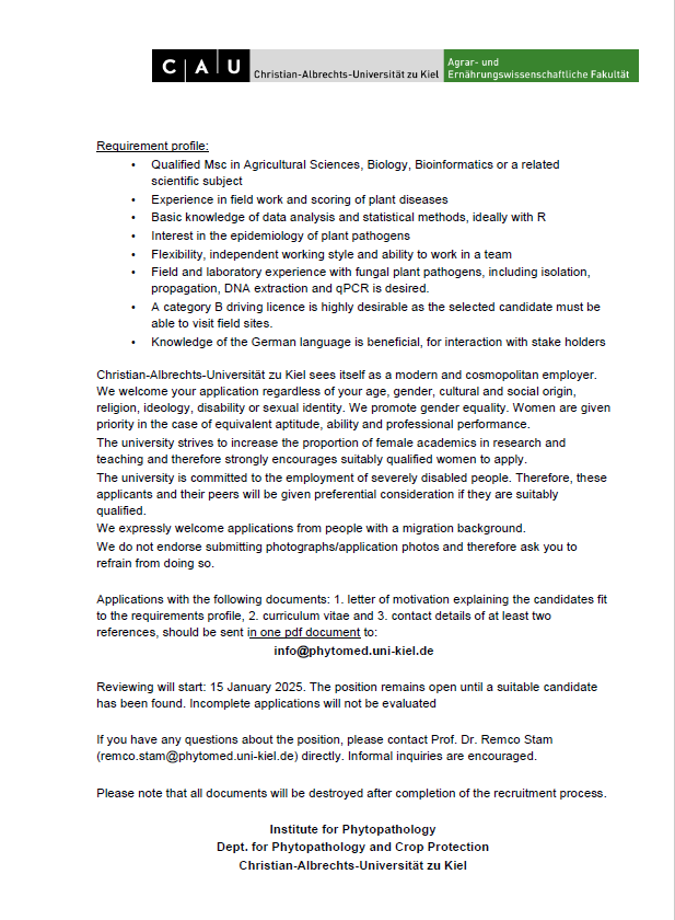 EvoMPMI's tweet photo. We're looking for a PhD student on disease mechanisms of the barley pathogen Ramularia collo cygni, supported by a (tax free) fellowship. Please RT. https://t.co/yYPWPIoAar
