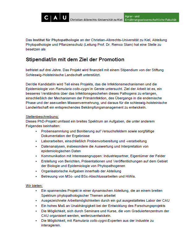EvoMPMI's tweet photo. We're looking for a PhD student on disease mechanisms of the barley pathogen Ramularia collo cygni, supported by a (tax free) fellowship. Please RT. https://t.co/yYPWPIoAar