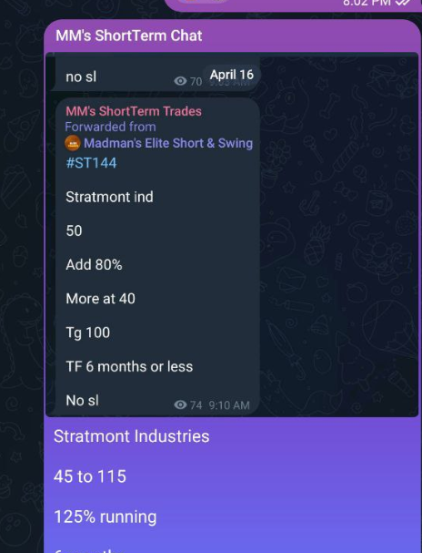 MadmanTrades's tweet photo. #StratmontIndustries
Researched and picked at bottom at 50
Now made high of 209
4X in 5 months
#Coalstock
Now what?
Check the following tweet.
#MultiBaggerStocks #RetestStock #Madmantrades #madmananalysis https://t.co/ZkptfCaf49