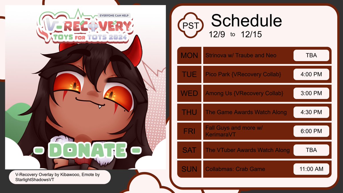 JayKayVT's tweet photo. New week means a new one of these!
Sorry for the late schedule drop, as you can see this week is packed with something going on every single day! Between #VRecovery's charity drive, the start of Collabmas, a birthday, and so many award shows we got a lot to do!
See ya there~! https://t.co/sD0aXD11qN