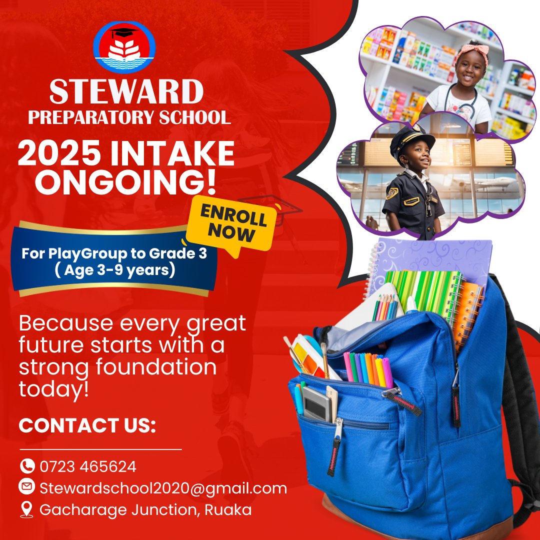 steward_school's tweet photo. 🏫 Admissions are OPEN for 2025!
Setup your child on the right path to achieve their dreams. #StewardPrepSchool provides a nurturing environment and holistic approach to learning for children  ages 4-12.
Visit us at Gacharage Junction, Ruaka!
📞0723 465624 
#NurturingGenerations https://t.co/fGLS9dfgmw