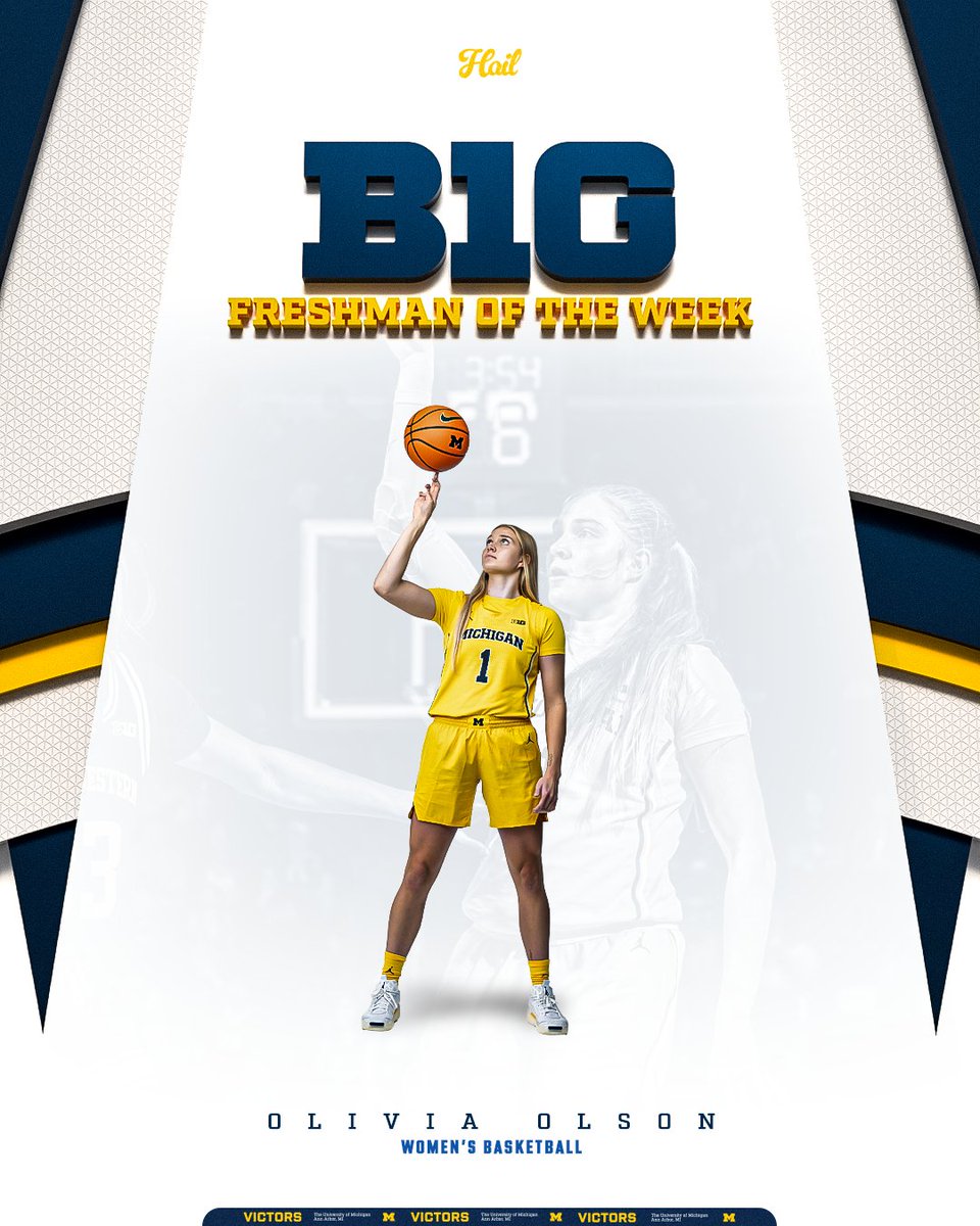 Michigan Women’s Basketball (@umichwbball) on Twitter photo After scoring a game-high 18 points with six rebounds, nine fouls drawn and a block in 36 minutes, <a href="/OliviaOlson2024/">Olivia Olson</a> was named the <a href="/B1Gwbball/">Big Ten Women's Basketball</a> Freshman of the Week - the 4th time in 5 weeks a Wolverine has won
More: myumi.ch/8rdz2
#GoBlue After scoring a game-high 18 points with six rebounds, nine fouls drawn and a block in 36 minutes, <a href="/OliviaOlson2024/">Olivia Olson</a> was named the <a href="/B1Gwbball/">Big Ten Women's Basketball</a> Freshman of the Week - the 4th time in 5 weeks a Wolverine has won
More: myumi.ch/8rdz2
#GoBlue
