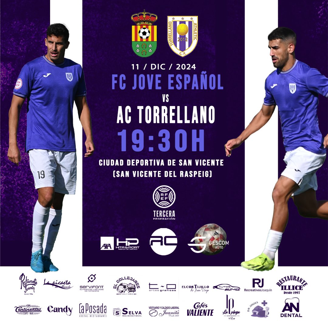 ⚔️ 𝙅𝙊𝙍𝙉𝘼𝘿𝘼 𝟵

🆚 <a href="/jovesanvicente/">C.D. Español de San Vicente</a> 
🏟️ Ciudad deportiva de San Vicente 
📆 Miércoles 11 de diciembre.
⏰ 19:30h

🤍💜

#JoveEspañolACTorrellano | #TerceraRFEF