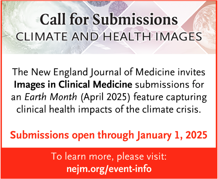 UC Center for Climate, Health and Equity (@ucclimatehealth) on Twitter photo The NEJM invites images in clinical medicine submissions for Earth Month 2025!🌍 Submissions are open through January 1, 2025. We encourage submissions from California-based clinicians and researchers!
Learn more: nejm.org/event-info The NEJM invites images in clinical medicine submissions for Earth Month 2025!🌍 Submissions are open through January 1, 2025. We encourage submissions from California-based clinicians and researchers!
Learn more: nejm.org/event-info
