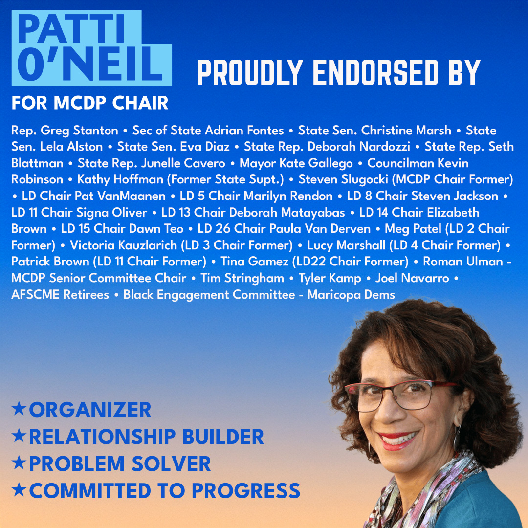 mattersofst8's tweet photo. The @MaricopaDems chair, Patti O’Neil, announced today that she will seek re-election. Her leadership has been defined by strength, unity, and a clear vision for the future. Backed by several elected officials, we encourage PCs to vote for her this month. https://t.co/yhfuKJUN4u https://t.co/Dl3uTX2le5
