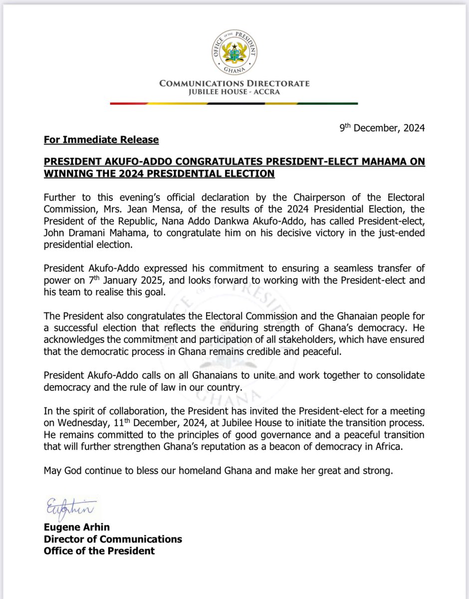 President Akufo Addo congratulates President elect John Mahama #ElectionHQ