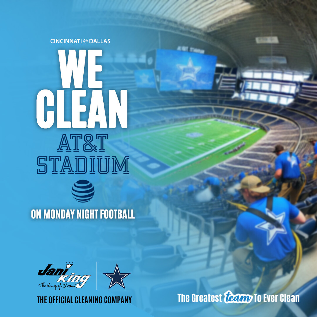 JaniKingClean's tweet photo. 🏟️✨ Bright lights, big plays, and a sparkling clean @ATTStadium for every event! Jani-King is here for #MNF, keeping it fresh from kickoff to the final score. #Bengals vs. #Cowboys—let’s do this!

#NFL #ESPN #Cincinnati #Dallas #JaniKing #KingofClean #CleanTeam https://t.co/7XBDLtck1D