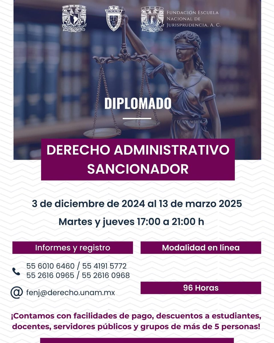 DerechoUNAMmx's tweet photo. 💡📚 Aún puedes inscribirte a los diplomados de actualización, son totalmente en línea y abiertos al publico en general, solicita mayor información o regístrate en 👉fenj@derecho.unam.mx. https://t.co/Zv9x2eGDzT