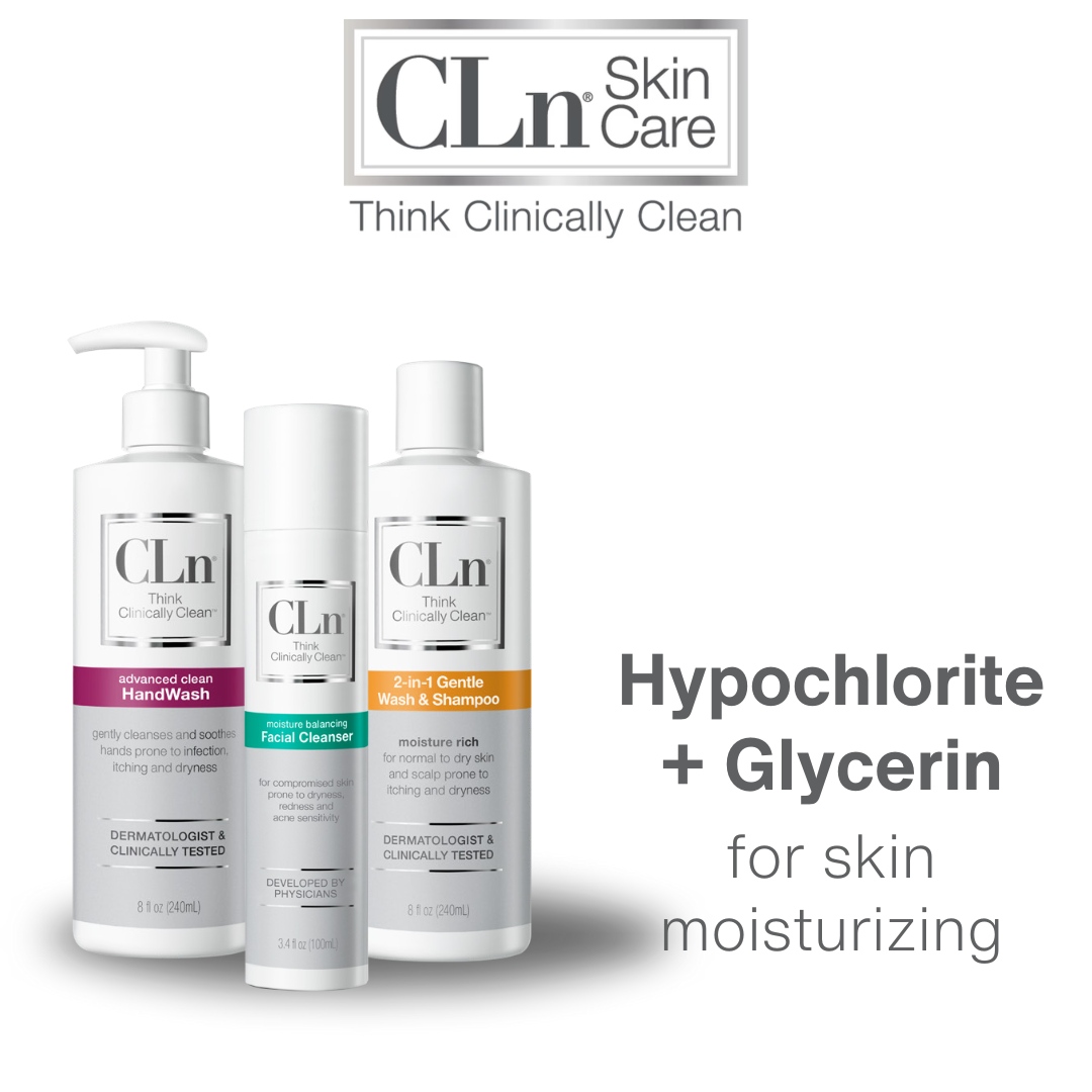 Recommend CLn’s hypochlorite + glycerin formula to help manage patients with dry, sensitive skin. This clinically tested blend cleanses while locking in moisture.

Medical providers, request samples for patients at the link below:

clnmd.com/pages/samplekit