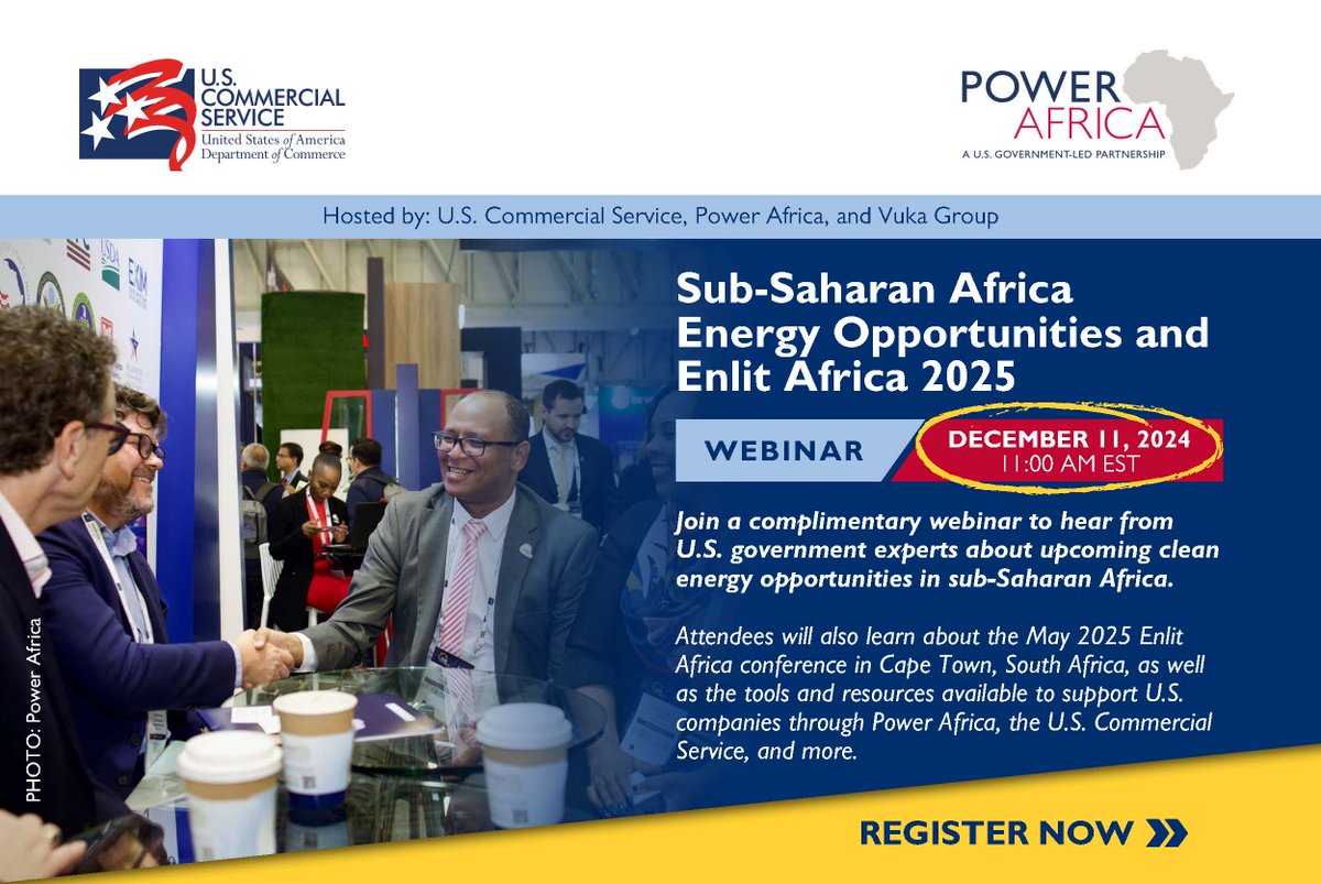 🇺🇸CALLING U.S. COMPANIES❗NEW DATE👇

Join us, <a href="/ExportGov/">U.S. Commercial Service</a> &amp; <a href="/VukaGroup/">Vuka Group</a> for a webinar on sub-Saharan Africa's energy opportunities. PLUS learn about #EnlitAfrica2025 &amp; how to join the Power Africa U.S. Pavilion.

📅Dec 11
⌚11:00 EST
🔗REGISTER: ow.ly/59e050UaGxh

<a href="/TradeGov/">ITA</a>