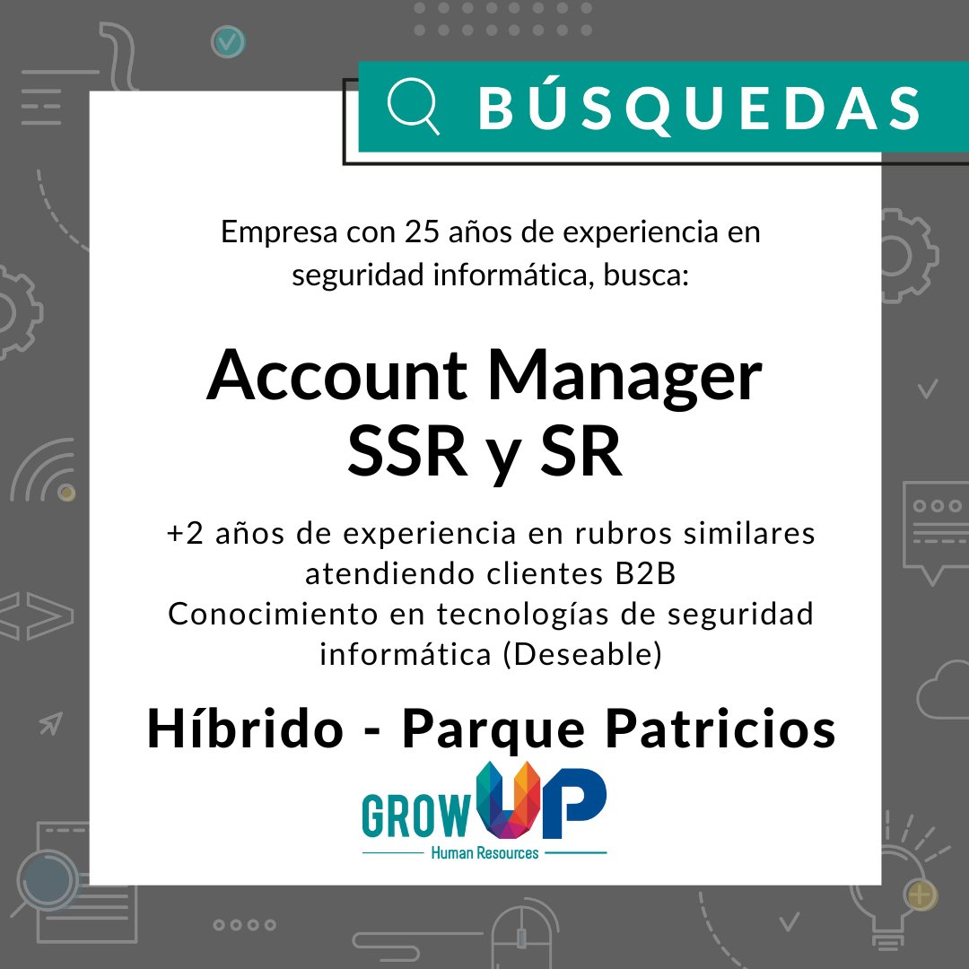 growuphr's tweet photo. En #GrowupHR estamos en la búsqueda de un Account Manager!
📍 Parque Patricios
👉+2 años de experiencia en rubros similares atendiendo clientes #B2B
👉Experiencia en todo el ciclo de #ventas
#postulate en el link https://t.co/LA5x9rKWW1
✍️Escribinos a busquedas@growuphr.com.ar https://t.co/l3rESOs7Zz