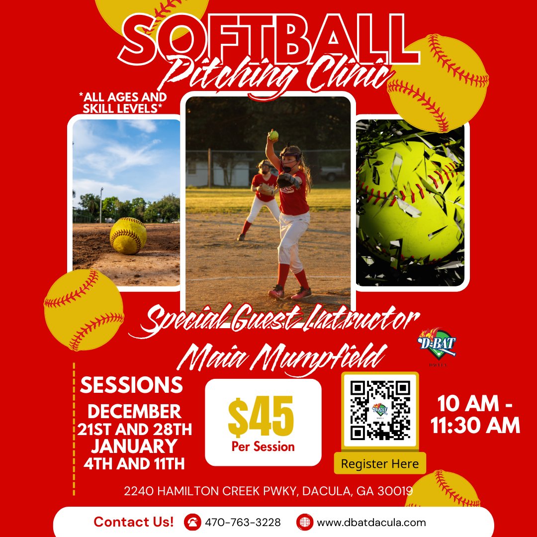 DBatDacula's tweet photo. 🔥 Learn to Pitch with Maia Mumpfield! 🥎
Led by Maia Mumpfield, a standout left-handed pitcher, first baseman, and power hitter at Georgia State University!
🗓️ Dates: Dec 21, 28, Jan 4, 11
⏰ Time: 10:00 AM - 11:30 AM
💲 Cost: $45 per session
⚡ Limited spots—don’t miss out! https://t.co/a5BEnZCpzB
