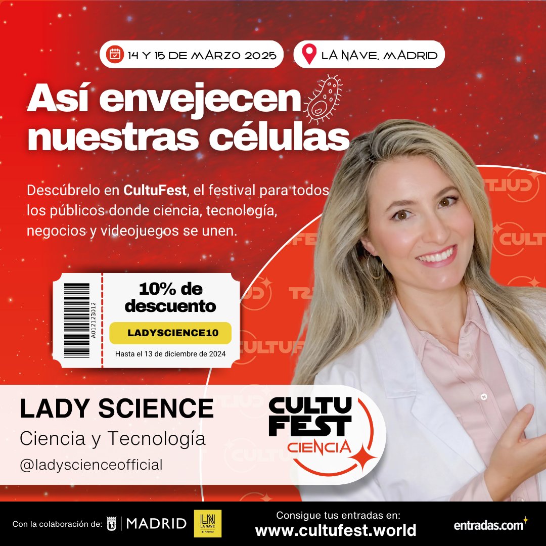 CultuFest Madrid (@cultufestworld) on Twitter photo ¡<a href="/LadyScience_/">Ladyscience</a> 👩🔬 estará en CultuFest 2025 y nos hablará de como envejecen nuestras células! 🗣️
🎟️ ¡Entradas ya a la venta! 🎟️ ¡Consigue tu entrada en nuestra web 👉 cultufest.world!
📅 14 y 15 de marzo
📍 La Nave, Madrid ¡<a href="/LadyScience_/">Ladyscience</a> 👩🔬 estará en CultuFest 2025 y nos hablará de como envejecen nuestras células! 🗣️
🎟️ ¡Entradas ya a la venta! 🎟️ ¡Consigue tu entrada en nuestra web 👉 cultufest.world!
📅 14 y 15 de marzo
📍 La Nave, Madrid