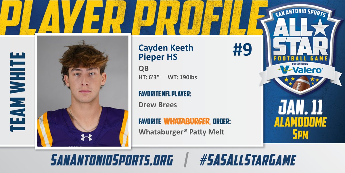 SA_Sports's tweet photo. Meet @CaydenKeeth2025 from @PieperHS who will compete in the San Antonio Sports All-Star Football Game pres. by @ValeroEnergy at the Alamodome on Jan. 11! #SASAllStarGame @Whataburger
@drewbrees 

@FootballPieper 
@PieperWarrior 
@cisdnews https://t.co/jBCfZeeQQo