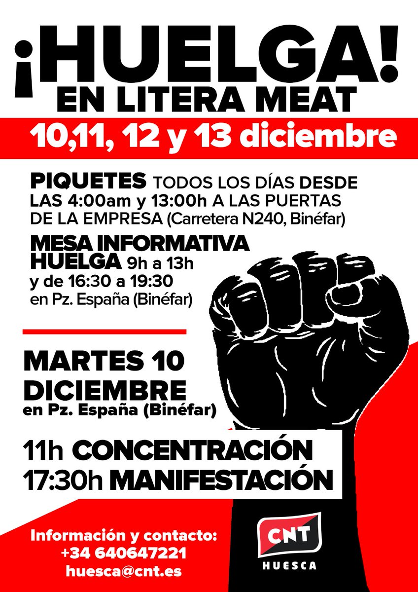 OOVVHUESCA's tweet photo. Desde CGT Huesca queremos dar todo nuestro apoyo a la Huelga y movilizaciones promovidas por @CNT_Huesca en Litera Meat de Binefar. 
¡Basta de explotación y abusos! 
¡Solidaridad y apoyo mutuo! https://t.co/UedmXSkSzm