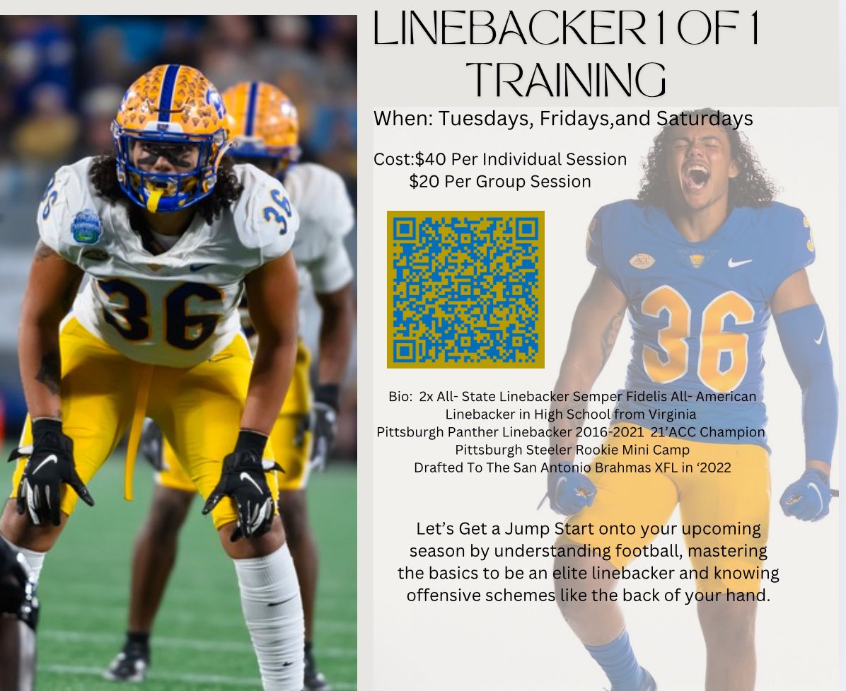Attention All Linebackers Who Want To Dominate In Their Upcoming Season!!
Let’s Get an Upper Hand on how The Game of Football is changing for Offenses! Let’s Master The Basic Movements and Mental Understanding on how To Be an Elite Linebacker! 
Scan The QR Code to RSVP your spot