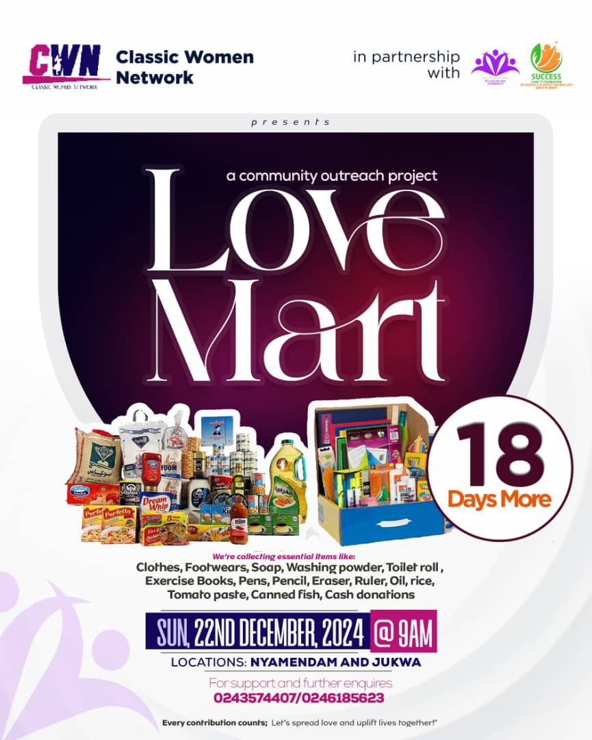 johnsongh76's tweet photo. The Classic Women Network, in partnership with Success Charity Foundation, is bringing hope and joy to communities through the Love Mart outreach project!

Join us on Sunday, 22nd December 2024, at Nyamendam and Jukwa, as we extend a helping hand to those in need. https://t.co/Zmnd7i0l8r