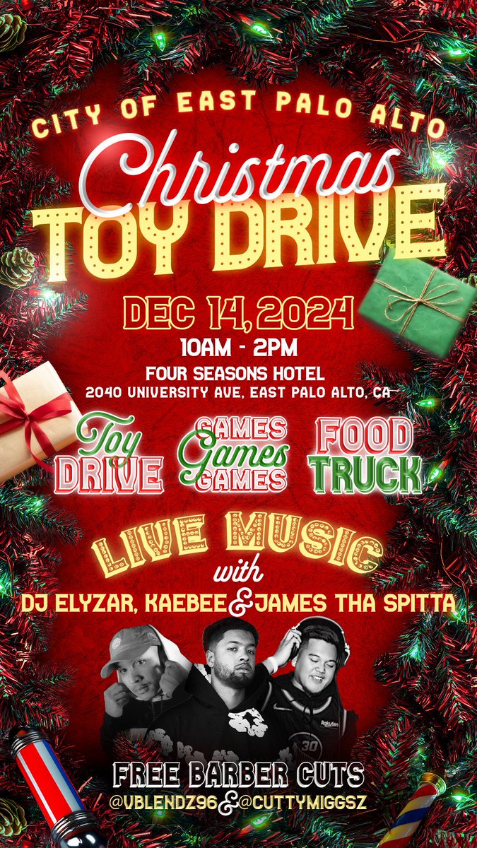 spitta650's tweet photo. Come rock for the kids this Saturday December 14th 10am-2pm at the Four Seasons Hotel in East Palo Alto. Pull up to the  Toy drive to help support the community. Come through and bring your kids for a free haircut and free toys. https://t.co/vQ2FeLrAUd