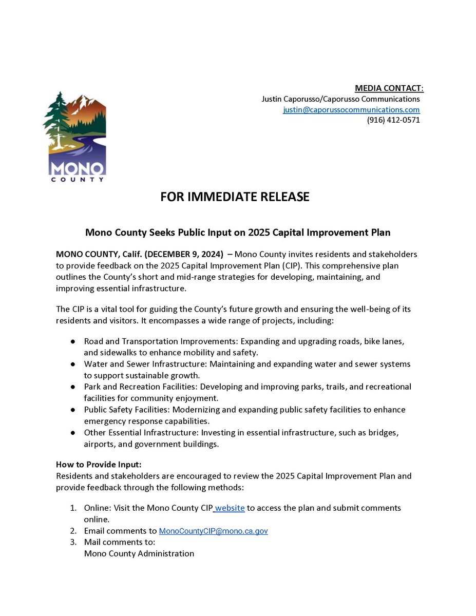 countyofmono's tweet photo. FOR IMMEDIATE RELEASE: Mono County Seeks Public Input on 2025 Capital Improvement Plan

Mono County invites residents and stakeholders to provide feedback on the 2025 Capital Improvement Plan (CIP). This comprehensive plan outlines the County’s short and mid-range strategies for developing, maintaining, and improving essential infrastructure.

#MonoCounty #MonoCountyCA #cacounties #RuralCA