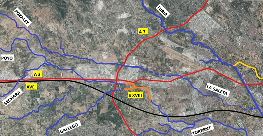 Plànols del professor Juan Marco Segura on mostra que la rambla de Poio era una conca semiendorreica (primera imatge) que es va connectar en el segle XVIII amb el barranc de Torrent (segona imatge).