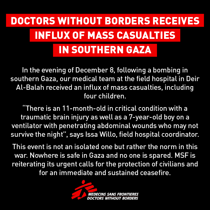 MSF_canada's tweet photo. This event is not an isolated one but rather the norm in this war. 

Nowhere is safe in #Gaza and no one is spared. 

Doctors Without Borders is reiterating its urgent calls for the protection of civilians and for an immediate and sustained #ceasefire. https://t.co/m79i3QJD2S