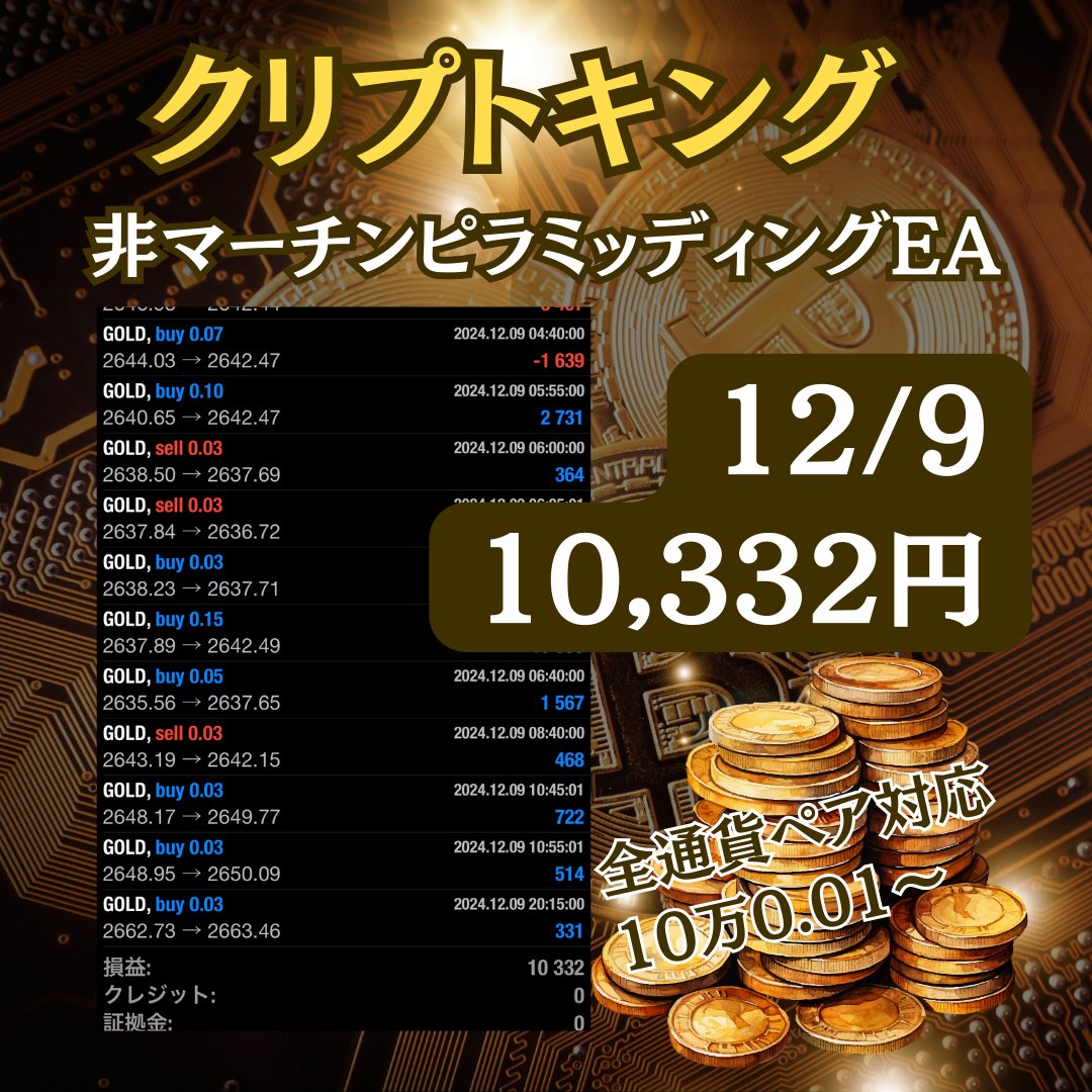 ✨X史上初最新FX自動売買✨

👑👑👑 👑👑👑 👑

　億トレーダー開発
🏆Crypto KING🏆

👑👑👑 👑👑👑 👑

【12/9 EA収支】
+10,332円
日利1%

EA受取はこちら↓
line.me/ti/g2/BXJ8DsGm…
FANG SCHD