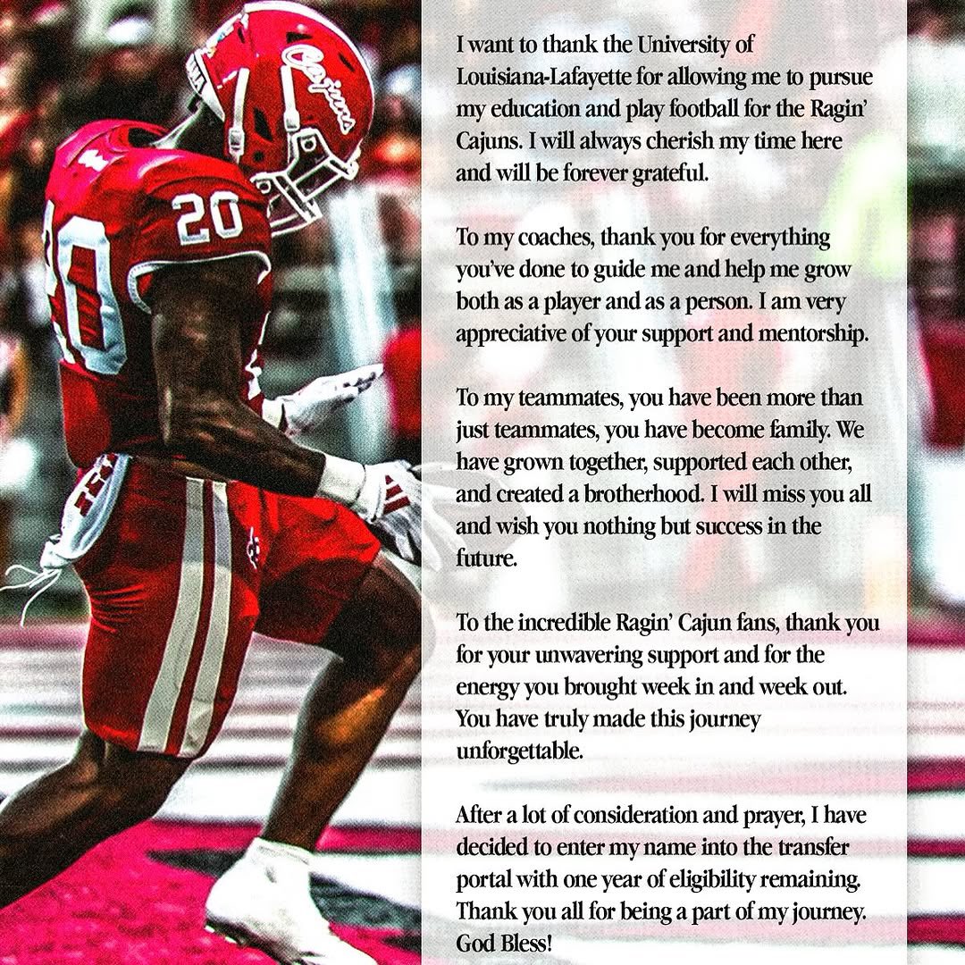 JFitzTV's tweet photo. .@RaginCajunsFB RB Dre’lyn Washington has entered his name into the transfer portal. 

The junior had 478 yards and 5 touchdowns this season. @KATCTV3 https://t.co/n9BWZoJEAY