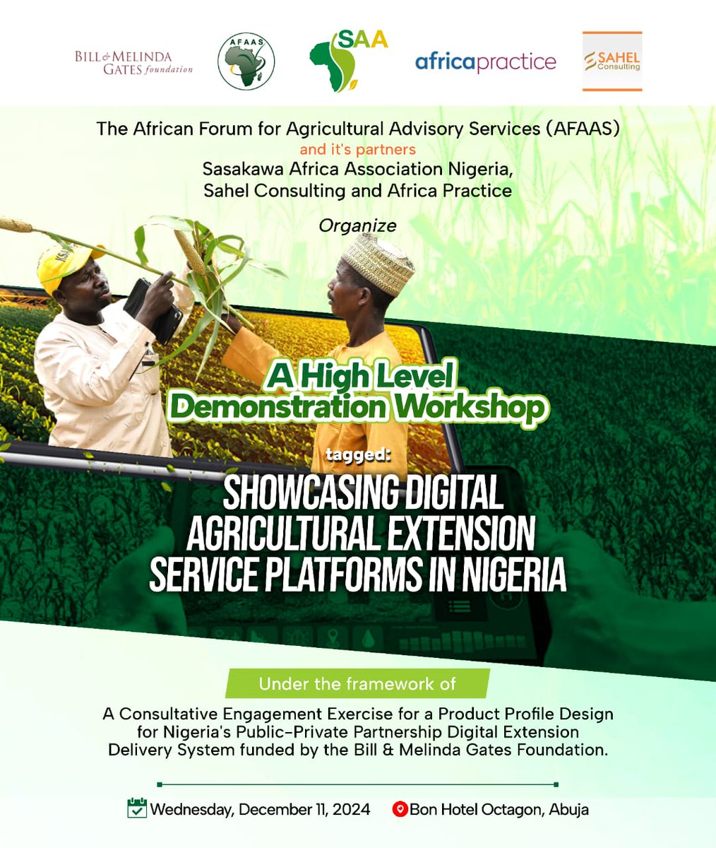Sasakawa Nigeria (@nigeriasasakawa) on Twitter photo The <a href="/afaasinfo/">African Forum For Agricultural Advisory Services.</a>, <a href="/SAA_africa/">Sasakawa Africa Association (SAA)</a> and partners are exploring Nigeria's digital agricultural extension landscape. A whole lot to discover, develop and deploy for agricultural transformation, Join us! The <a href="/afaasinfo/">African Forum For Agricultural Advisory Services.</a>, <a href="/SAA_africa/">Sasakawa Africa Association (SAA)</a> and partners are exploring Nigeria's digital agricultural extension landscape. A whole lot to discover, develop and deploy for agricultural transformation, Join us!
