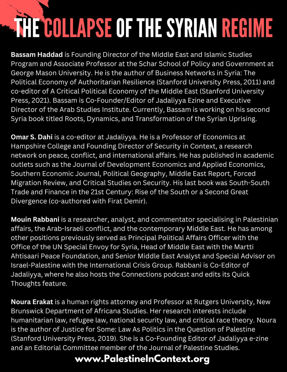 Jadaliyya (@jadaliyya) on Twitter photo Join us this Wednesday at 2pm EST for a live panel on “The Collapse of the Syrian Regime,” featuring Bassam Haddad <a href="/4Bassam/">Bassam Haddad</a> and Omar Dahi @Omardahi, Moderated by Mouin Rabbani <a href="/MouinRabbani/">Mouin Rabbani</a> and Noura Erakat @4Noura.
The swift collapse of the Syrian regime took everyone by Join us this Wednesday at 2pm EST for a live panel on “The Collapse of the Syrian Regime,” featuring Bassam Haddad <a href="/4Bassam/">Bassam Haddad</a> and Omar Dahi @Omardahi, Moderated by Mouin Rabbani <a href="/MouinRabbani/">Mouin Rabbani</a> and Noura Erakat @4Noura.
The swift collapse of the Syrian regime took everyone by