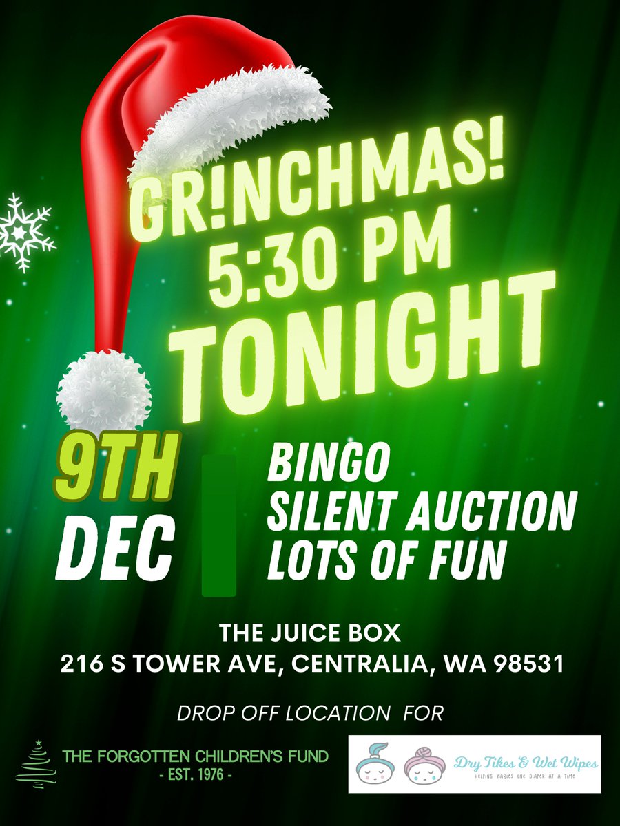 🎉 Join Us Tonight (Dec 9th) at the Juice Box in Centralia at 5:30 PM
Bingo &amp; Silent Auction &amp; FUN
Online Auction NOW: givebutter.com/c/Grinchmas/au…
PS: Bring donations! We're collecting: diapers and wipes for Dry Tikes &amp; Wet Wipes+Toys &amp; gifts for the Forgotten Children's Foundation