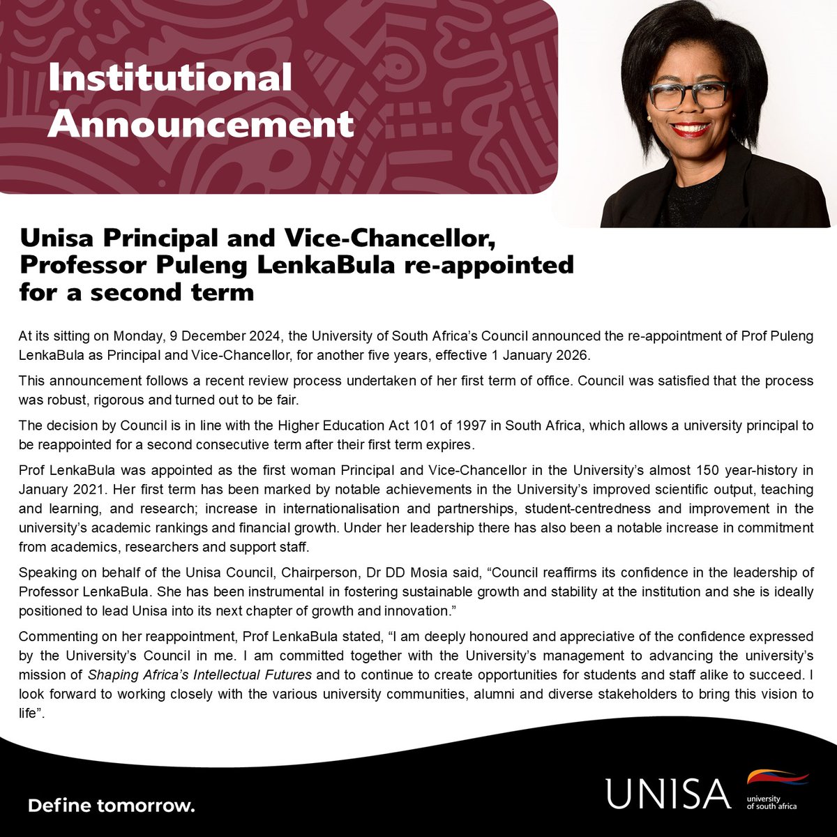 unisa's tweet photo. Unisa Principal and Vice-Chancellor, Professor Puleng LenkaBula re-appointed for a second term.
#Unisa150andBeyond https://t.co/r3QVZ4dKtK