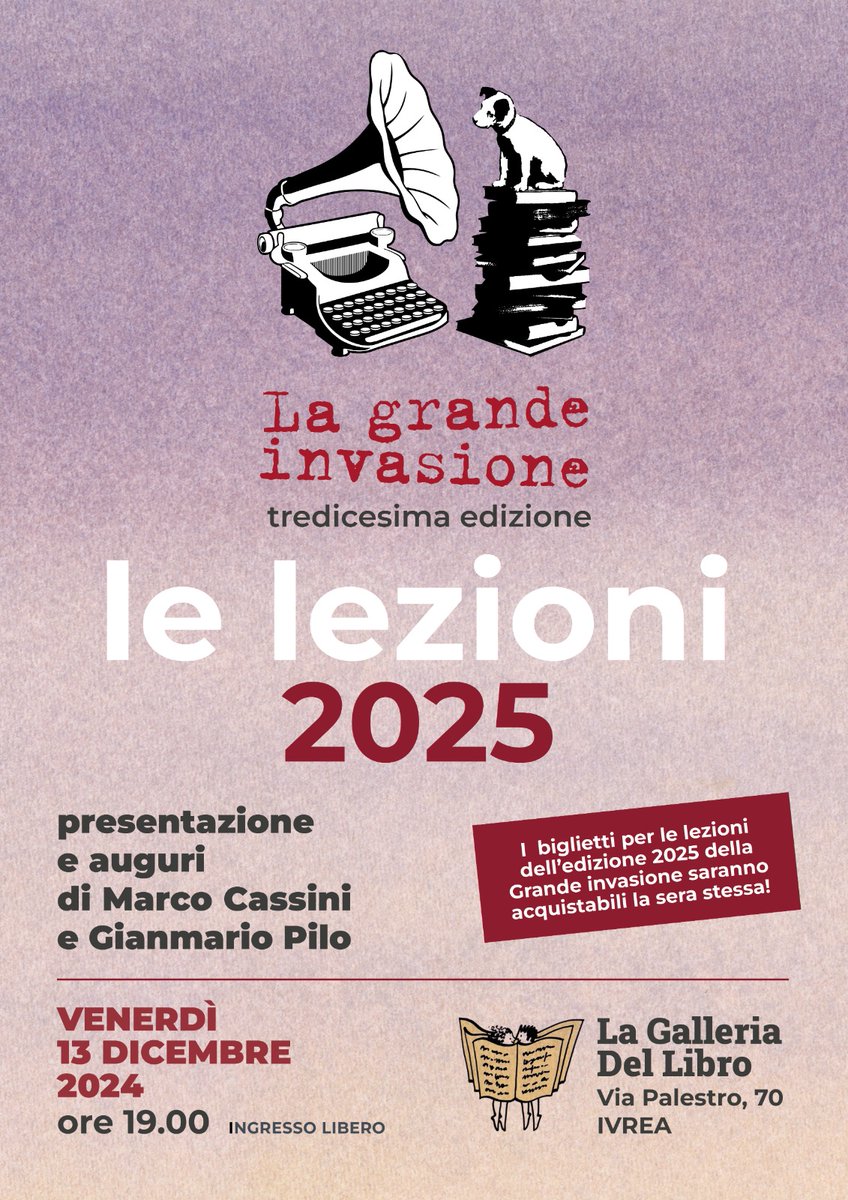 La grande invasione (@grandeinvasione) on Twitter photo 📌 Appuntamento a venerdì 13 alle 19 alla <a href="/gallerialibro/">lagalleriadellibro</a> per la presentazione delle lezioni di #invasione25! Da venerdì si potranno già comprare i biglietti, anche online! Che ne pensate di un regalo di Natale originale? 🎄 Vi aspettiamo! 📌 Appuntamento a venerdì 13 alle 19 alla <a href="/gallerialibro/">lagalleriadellibro</a> per la presentazione delle lezioni di #invasione25! Da venerdì si potranno già comprare i biglietti, anche online! Che ne pensate di un regalo di Natale originale? 🎄 Vi aspettiamo!