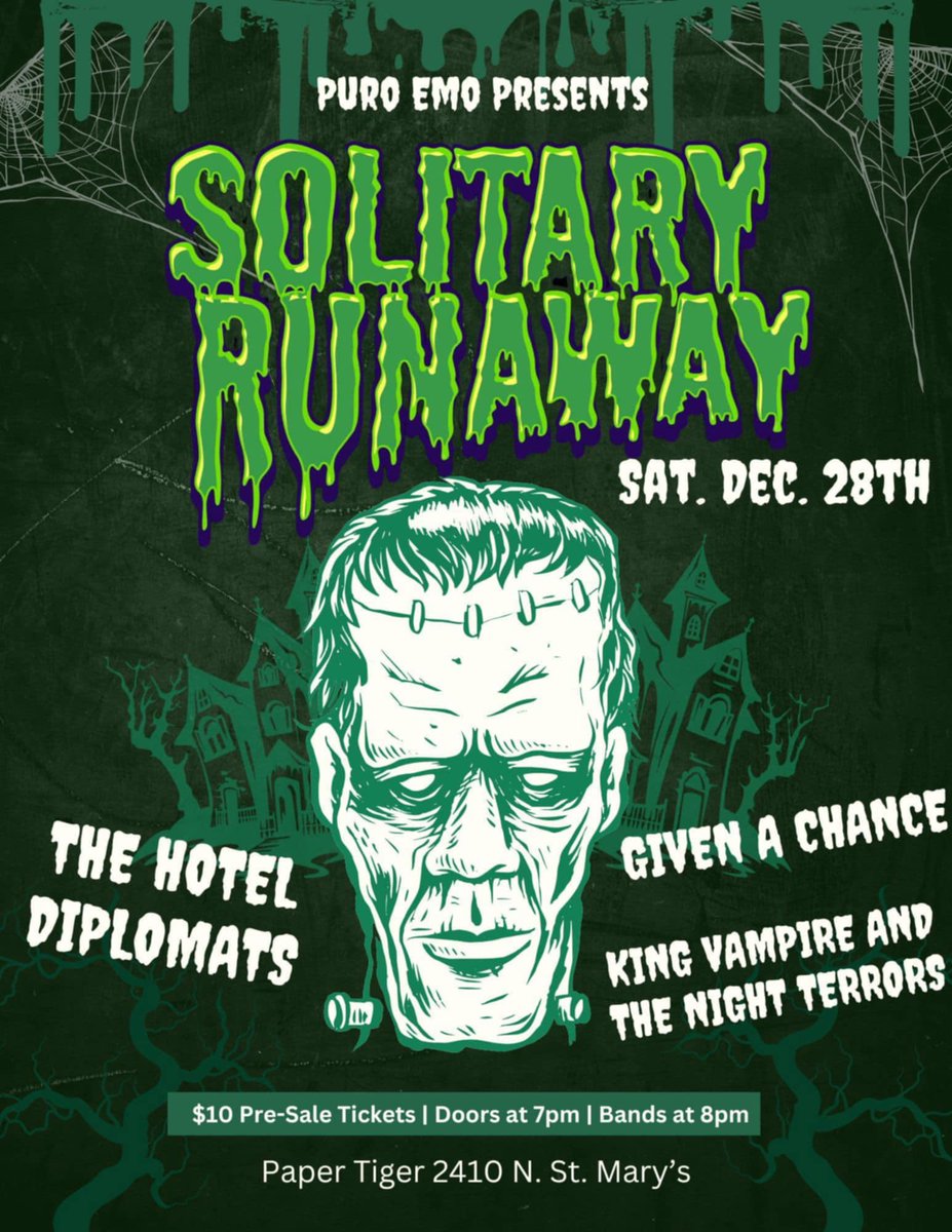 Ending the year at <a href="/papertigersa/">Paper Tiger</a> Sat Dec. 28th w/ <a href="/solitaryrunaway/">solitaryrunaway</a> ,  <a href="/GivenAChanceTX/">Given A Chance</a> and King Vampire &amp; The Night Terrors. Tickets on sale! Link below 👇 🎟️

seetickets.us/event/solitary…

#HotelDiplomats #weareallhoteldiplomats #papertigersa #sanantonio
