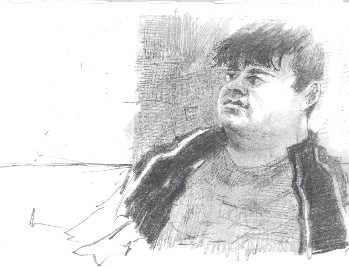 Chainsaw_McGinn's tweet photo. Big lad sitting in the corner. #pubdrawing #portrait #Pencildrawing #supportyourlocal #pubportrait https://t.co/Lv0birn0Yc
