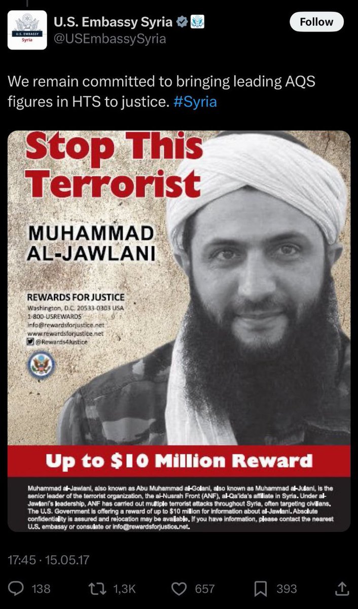 DaRu_2010's tweet photo. Die #USBotschaft hat dies 2017 gepostet und bis jetzt nicht gelöscht❗
Vor über 7 Jahren wurde von den USA ein Kopfgeld auf diesen #IS- & #AlQaida-Terroristen gesetzt. Heute soll dieser Mann, dieser Terrorist, der Menschen ermordet hat, Syriens Staatsoberhaupt werden. Mit Hilfe westlicher #Medien & Staaten.
In diesen Sekunden werden Häuser von Minderheiten in ganz #Syrien ausgeraubt. Minderheiten sind auf der Flucht.
Darüber schreibt natürlich niemand. Das ist also das neue Syrien.