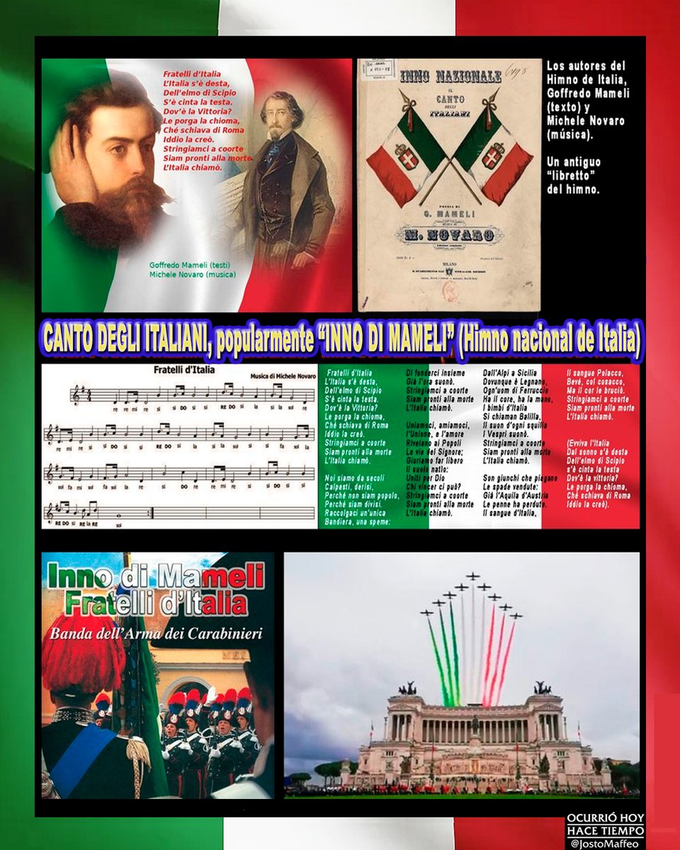 JostoMaffeo's tweet photo. 🇮🇹🎶🎺 EL HIMNO DE #ITALIA se ejecuta por primera vez.
10 Diciembre 1847, #Genova. El "Inno di Mameli", debe el nombre al autor, el poeta Goffredo #Mameli.
Es el "Canto degli Italiani" y la música es de otro patriota: Michele #Novaro.
▶️ https://t.co/kVrFtHwgAP
@ItalyinSPA https://t.co/TsKYpwUEee