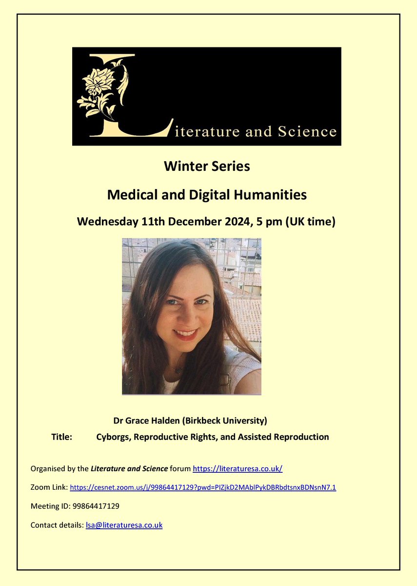 Literature and Science (@_literaturesa) on Twitter photo 📢Join us for Dr Grace Halden's talk on cyborgs, reproductive rights and assisted reproduction (11 December, 5 pm UK time).
literaturesa.co.uk/events
<a href="/Curtis_Chthonic/">Dr Curtis Runstedler</a>
<a href="/_sophiefranklin/">Sophie Franklin</a>
#medicalhumanities #aryaaryan #body #cyborg #contemporary #literature #reproduction 📢Join us for Dr Grace Halden's talk on cyborgs, reproductive rights and assisted reproduction (11 December, 5 pm UK time).
literaturesa.co.uk/events
<a href="/Curtis_Chthonic/">Dr Curtis Runstedler</a>
<a href="/_sophiefranklin/">Sophie Franklin</a>
#medicalhumanities #aryaaryan #body #cyborg #contemporary #literature #reproduction
