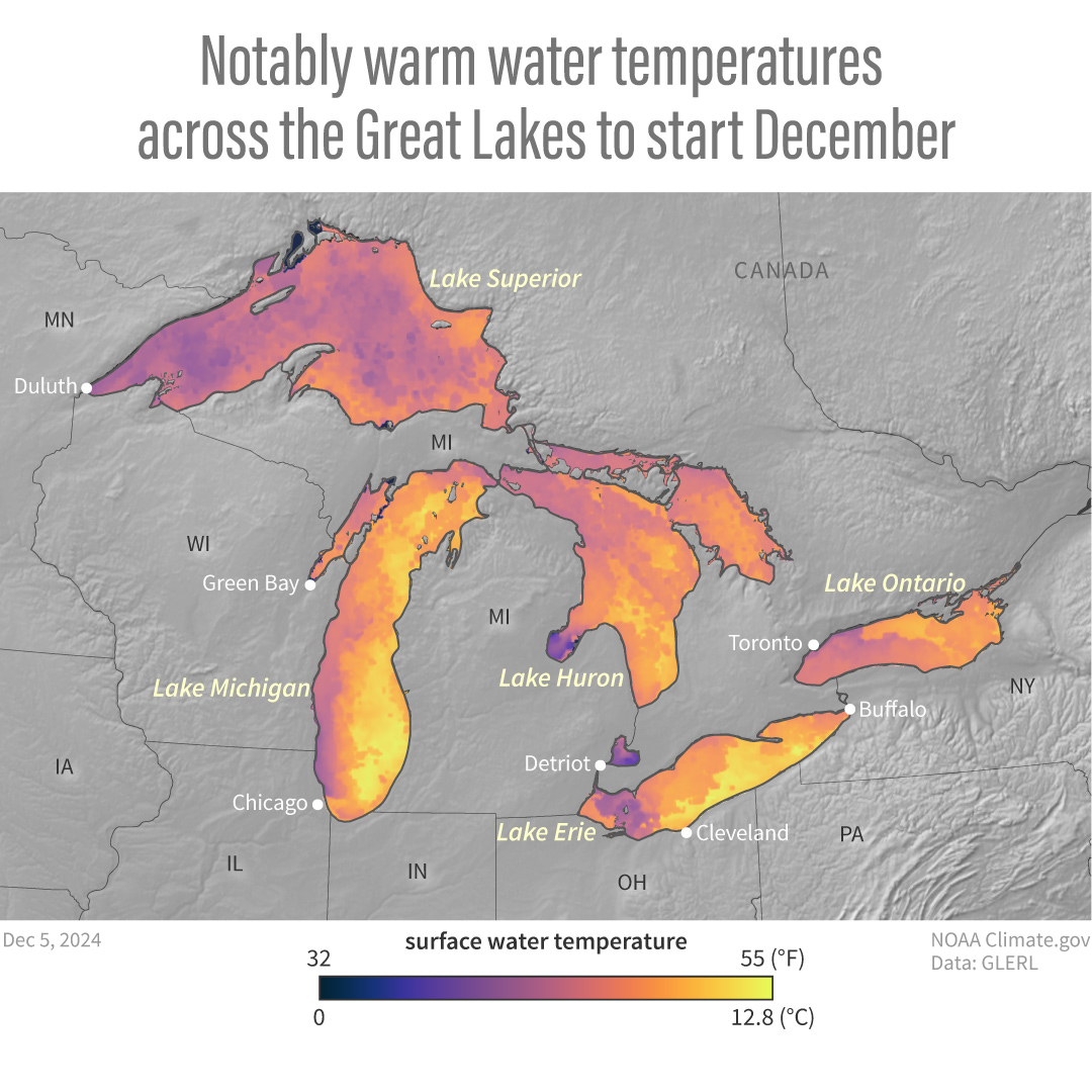 NOAAClimate's tweet photo. A warm fall and a notably warm 2023-2024 winter has water temperatures across most of the Great Lakes at record-highs. Could these record temperatures impact ice cover again this year? Read more: https://t.co/E0RBgwu7dN https://t.co/pzJ66QMV0t
