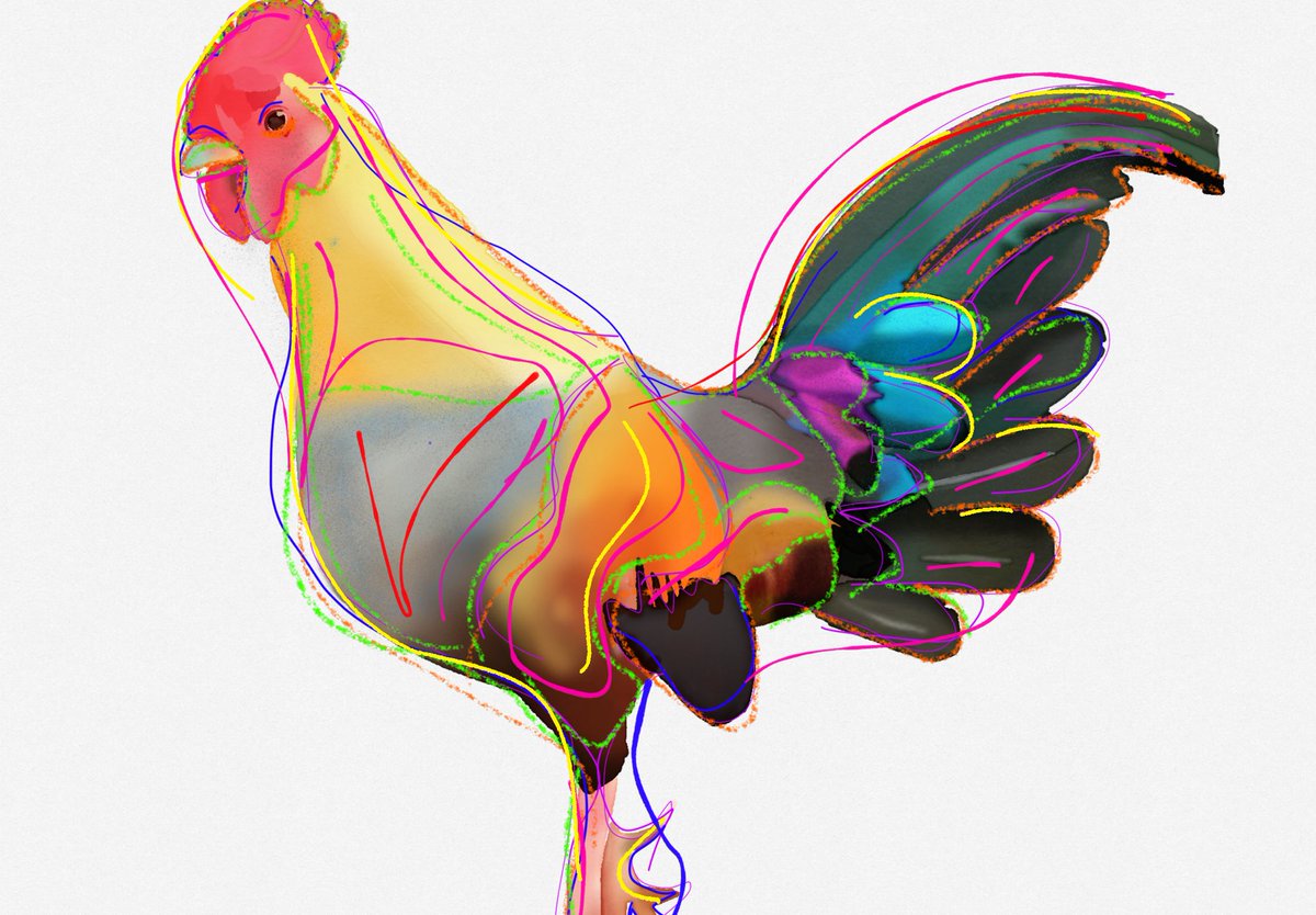 CAdamsLPMS's tweet image. Studying the style of @JamesMoir10, 7G iPad Art students tried out digital watercolors to paint chickens. Students learned that digital watercolor is no easier than watercolor with paint and paper. Love these cheeky birds! #iPadArt #StudentArt