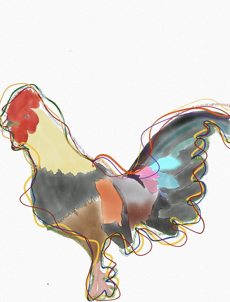 CAdamsLPMS's tweet image. Studying the style of @JamesMoir10, 7G iPad Art students tried out digital watercolors to paint chickens. Students learned that digital watercolor is no easier than watercolor with paint and paper. Love these cheeky birds! #iPadArt #StudentArt