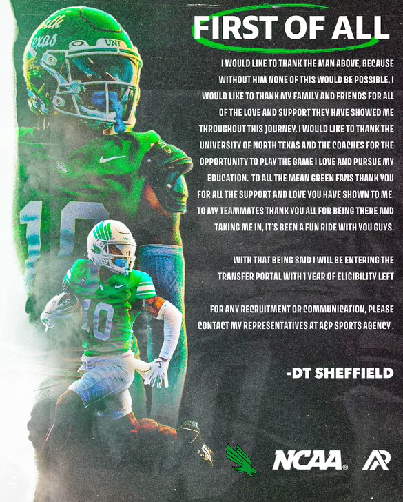 Thank you to the UNT fans that supported me all season. It would not have been the same without you. Thank you to my teammates. Thank you Coach Davis for always believing in me. This is not possible without you! Thank you to Coach Morris for believe me as well💚🤍 #GMG