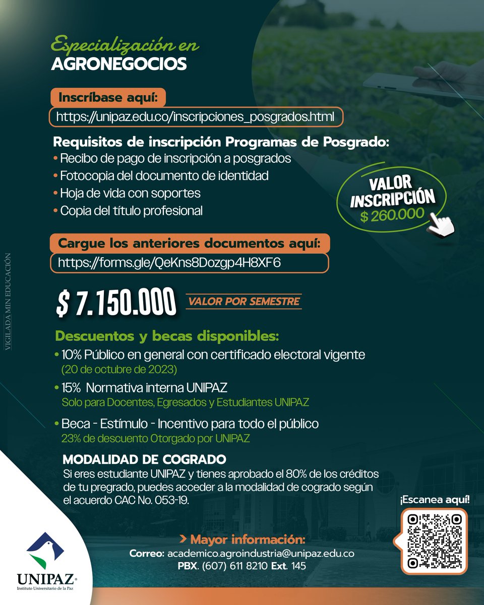 UNIPAZnoticias's tweet photo. ¿Estás interesado en profundizar en temas como: Dinamizar la actividad de los negocios agropecuarios y agroindustriales, con bases administrativas, financieras y de marketing?
En #UNIPAZ, estudia Especialización en Agronegocios.
Más información en: https://t.co/YyUmIqRTBy https://t.co/hbH1aFJYRp