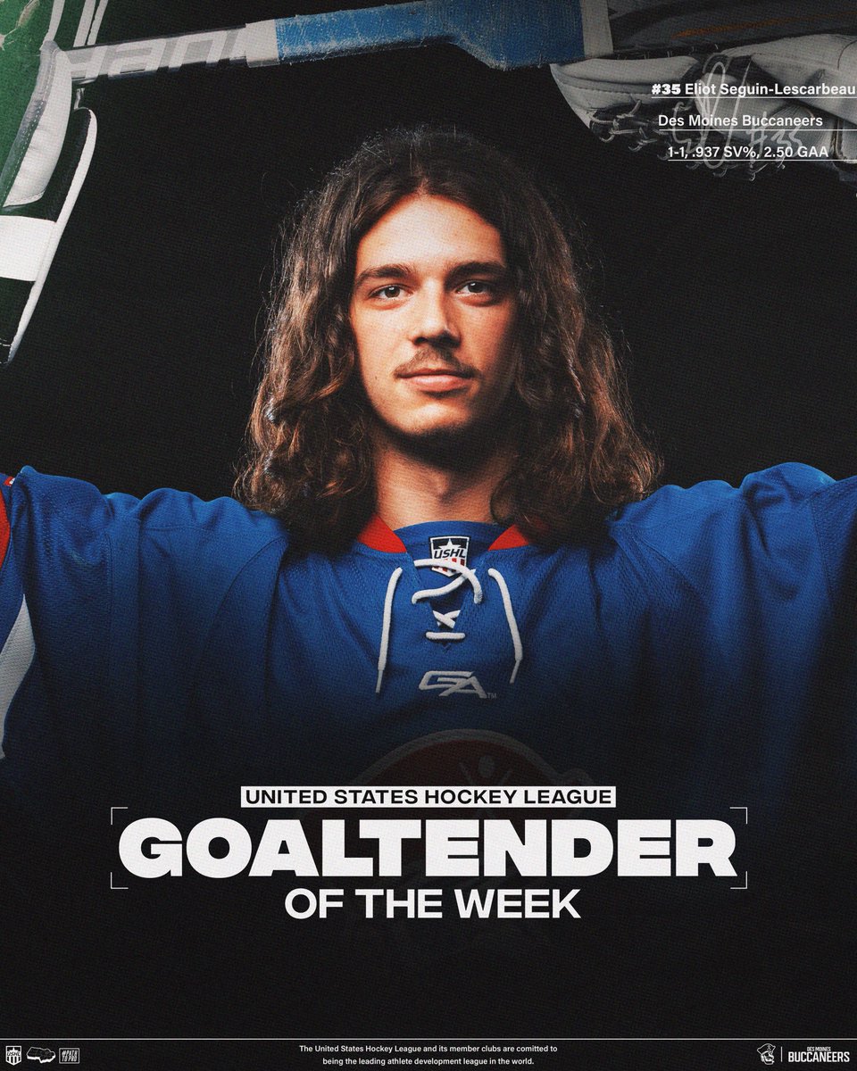 Eliot Seguin-Lescarbeau is your #USHL Goaltender of the Week 🏆

The <a href="/bucshockey/">Des Moines Buccaneers</a> goaltender and  <a href="/UNHMHOCKEY/">UNH Men's Hockey</a> commit went 1-1-0-0 with a .937 SV% and 2.50 GAA over the weekend!

📝 tinyurl.com/yc5udxu2