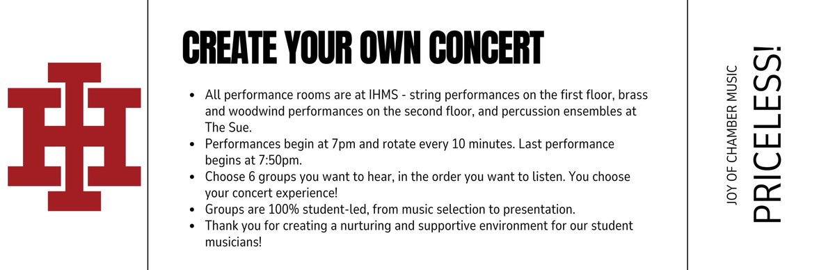 Are you ready for a new musical experience!? Come build your own concert with our 7th &amp; 8th grade band and orchestra students for the Chamber Music Concert this Wednesday beginning at 7pm in the <a href="/IHMiddle/">Indian Hill MS</a> classrooms! #IHPromise <a href="/IHOrchestras/">Trista Emmons</a> <a href="/chrisrotsching/">Chris Rotsching</a>