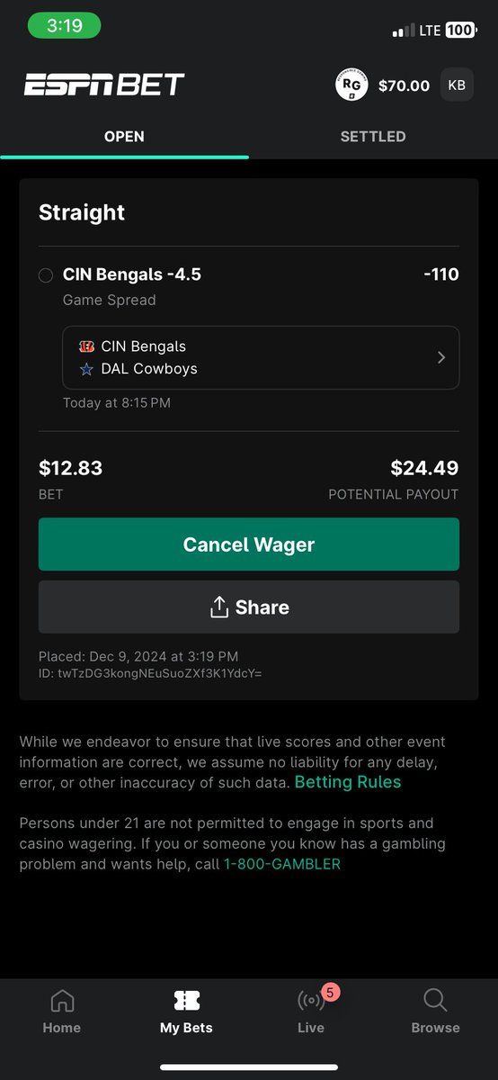 Kyle72baker's tweet photo. Let’s go Bengals! @pennplay @ESPNBET #ESPNBETMF https://t.co/MrHVvIxJbj