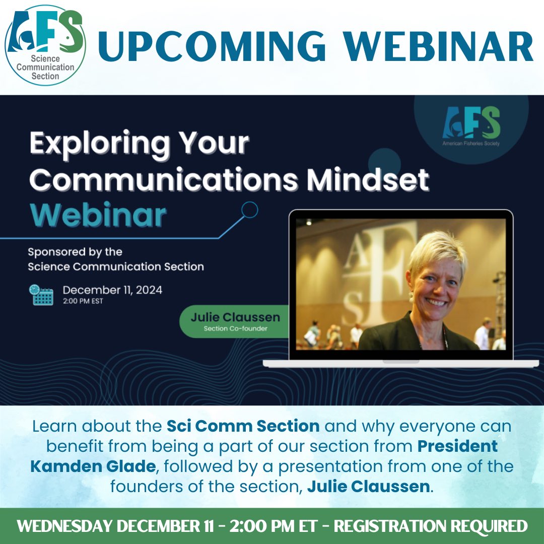 AFS SciComm Section (@afs_scicomm) on Twitter photo Craving a little #fishscicomm this holiday season? We’ve got you covered 😎
Check out the upcoming <a href="/AmFisheriesSoc/">American Fisheries Society</a> webinar on Dec 11-Meet our new President @kglade_fishsci and learn something new from one of our founders, <a href="/julielovesfish/">Julie Claussen</a> 
Check your email for registration info. Craving a little #fishscicomm this holiday season? We’ve got you covered 😎
Check out the upcoming <a href="/AmFisheriesSoc/">American Fisheries Society</a> webinar on Dec 11-Meet our new President @kglade_fishsci and learn something new from one of our founders, <a href="/julielovesfish/">Julie Claussen</a> 
Check your email for registration info.