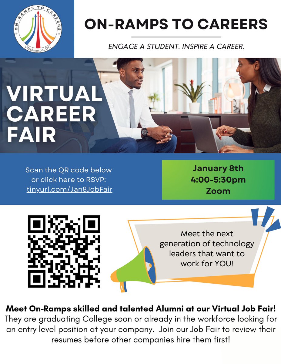 Is your company hiring for entry level positions and want to find talented candidates that have completed the On-Ramps Internship program?  Join us as an Employer at our Virtual Career Fair and meet our Alumni that have recently graduated!

Register here: tinyurl.com/Jan8JobFair