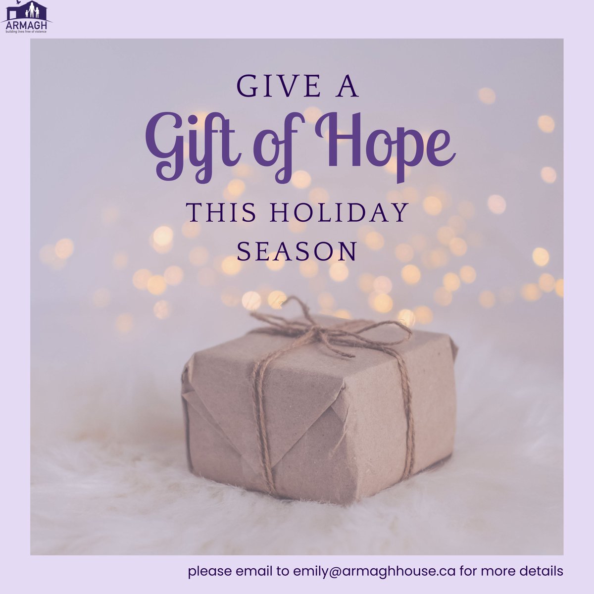 ArmaghHouse's tweet photo. We invite you to help us spread hope to the families we serve. Your generous gift will support our 31 families as part of our Gifts of Hope programβ gifts that remind women and children they are not alone, and they are not forgotten during the holiday season.
#GiftsofHope https://t.co/OhSO33uJWt